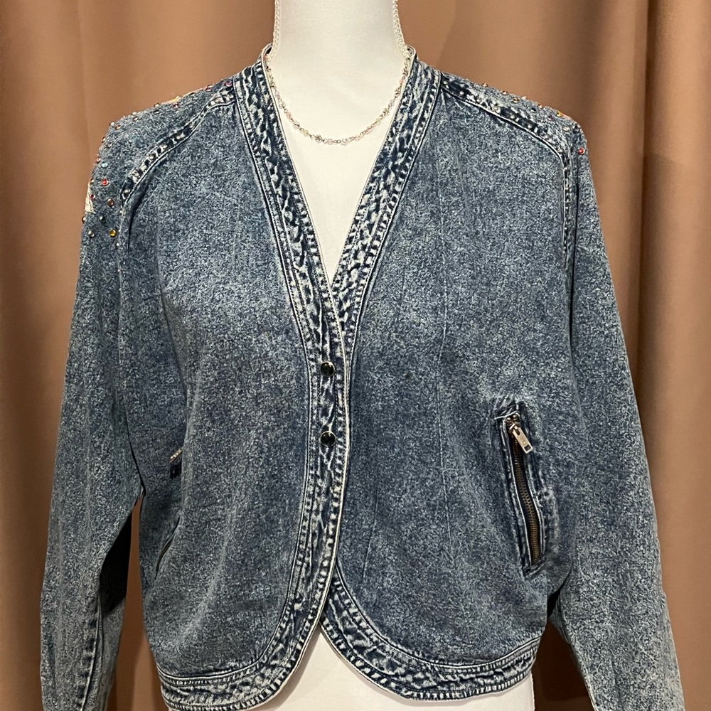 Vintage Dameit Acid Wash Denim Jacket with Embellished Shoulders